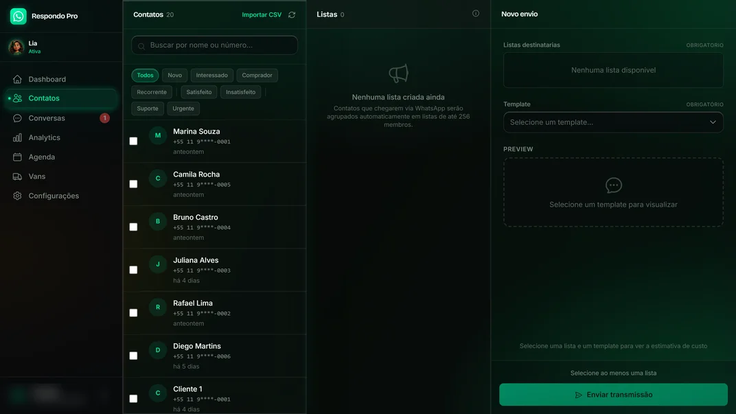 Lista de contatos e painel de envio em massa