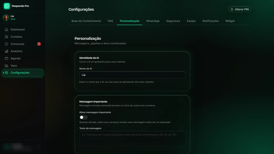 Personalização da Lia com nome da assistente e mensagem de abertura