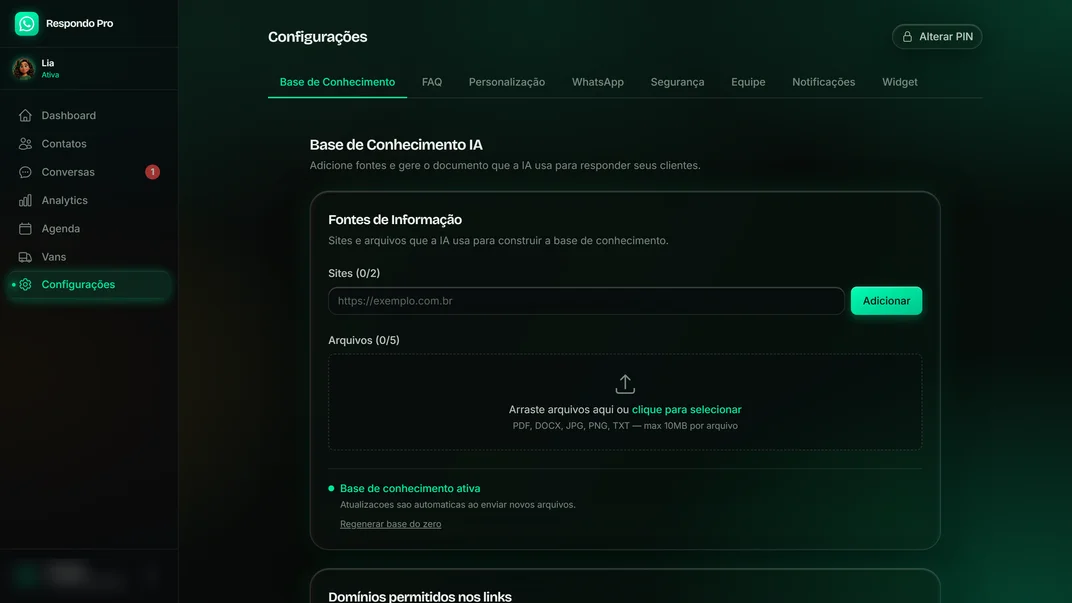 Base de conhecimento com campos de sites e upload de arquivos