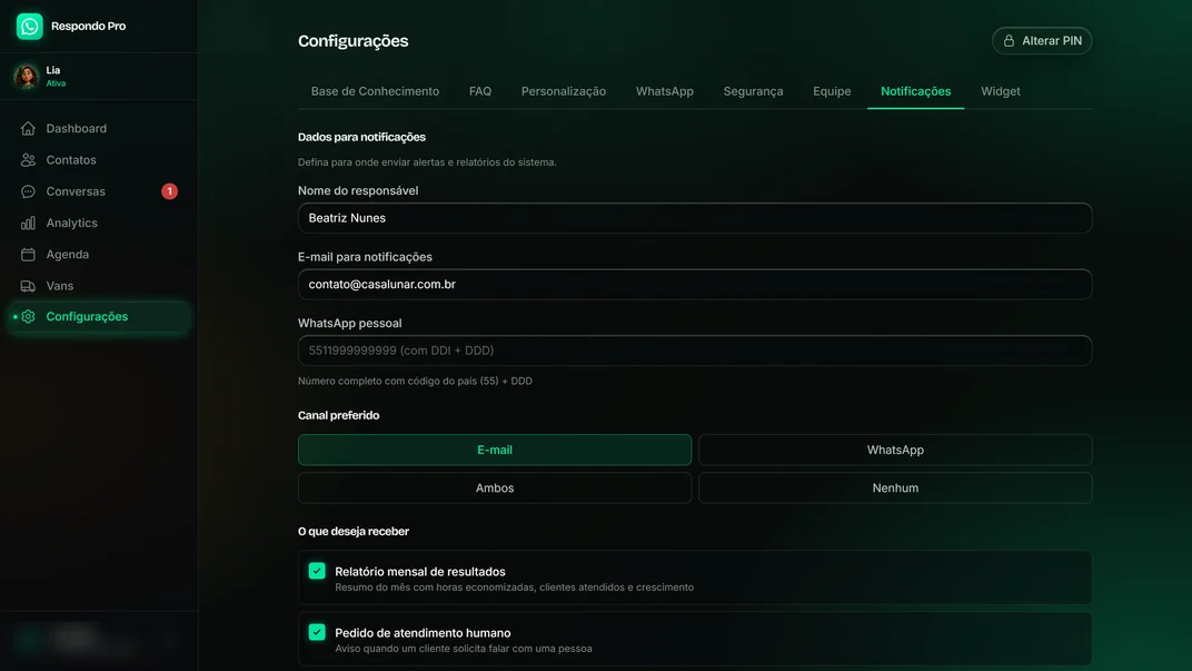 Configuração de notificações com canal preferido e tipos de alerta